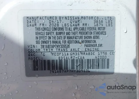 2017 Nissan Sentra Sr from USA, damaged, VIN 3N1AB7AP7HY309536